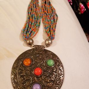Colorful Silver Seed Bead Large Ethnic Indian Pendant Necklace